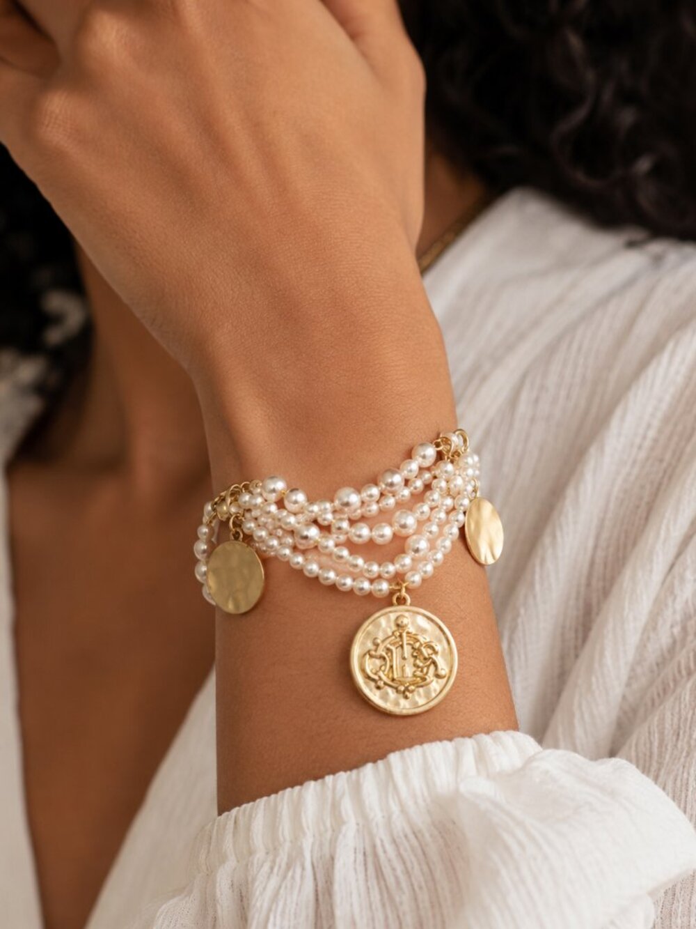 Zenzii Layered Pearl Bracelet With Coin Charms